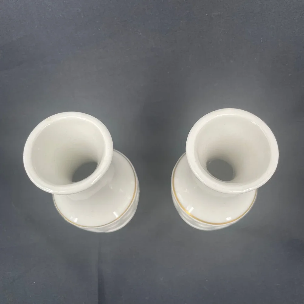 Vintage White Ceramic Bud Vases Gold Trim Scalloped Textured Mid Century 5.5